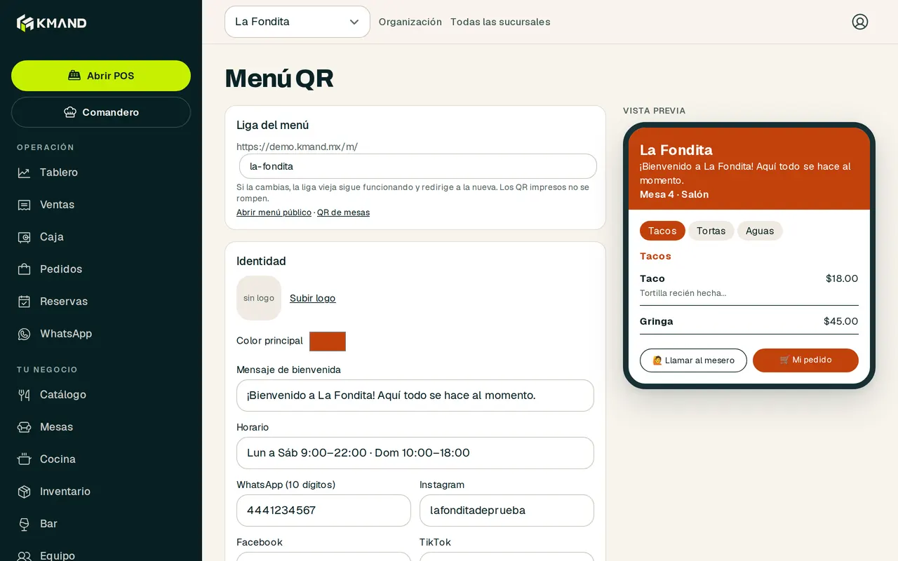 Configuración del menú QR