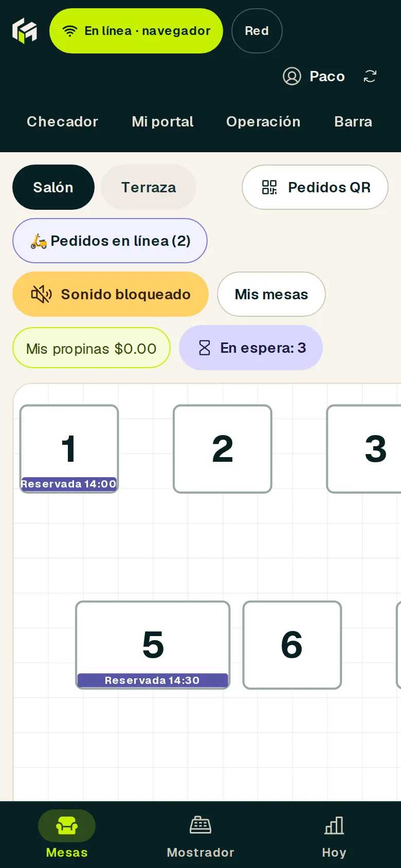 Comandero con el plano de mesas del salón
