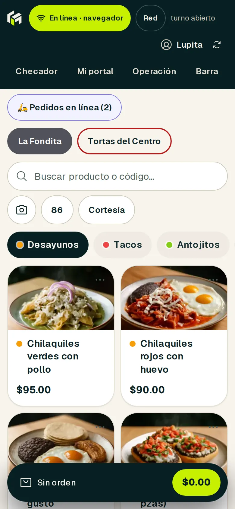 POS con la cuadrícula de productos y la cuenta